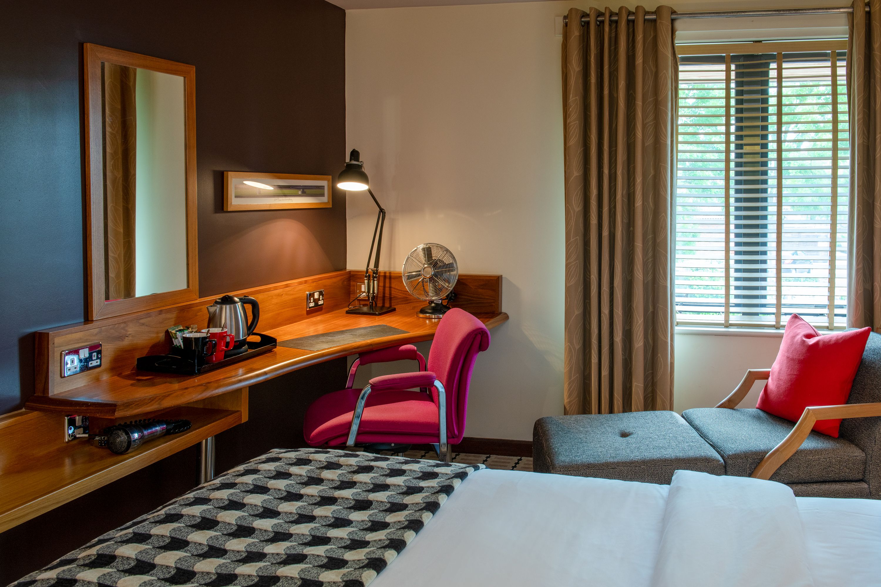 Desk in Lodge bedroom with tea station