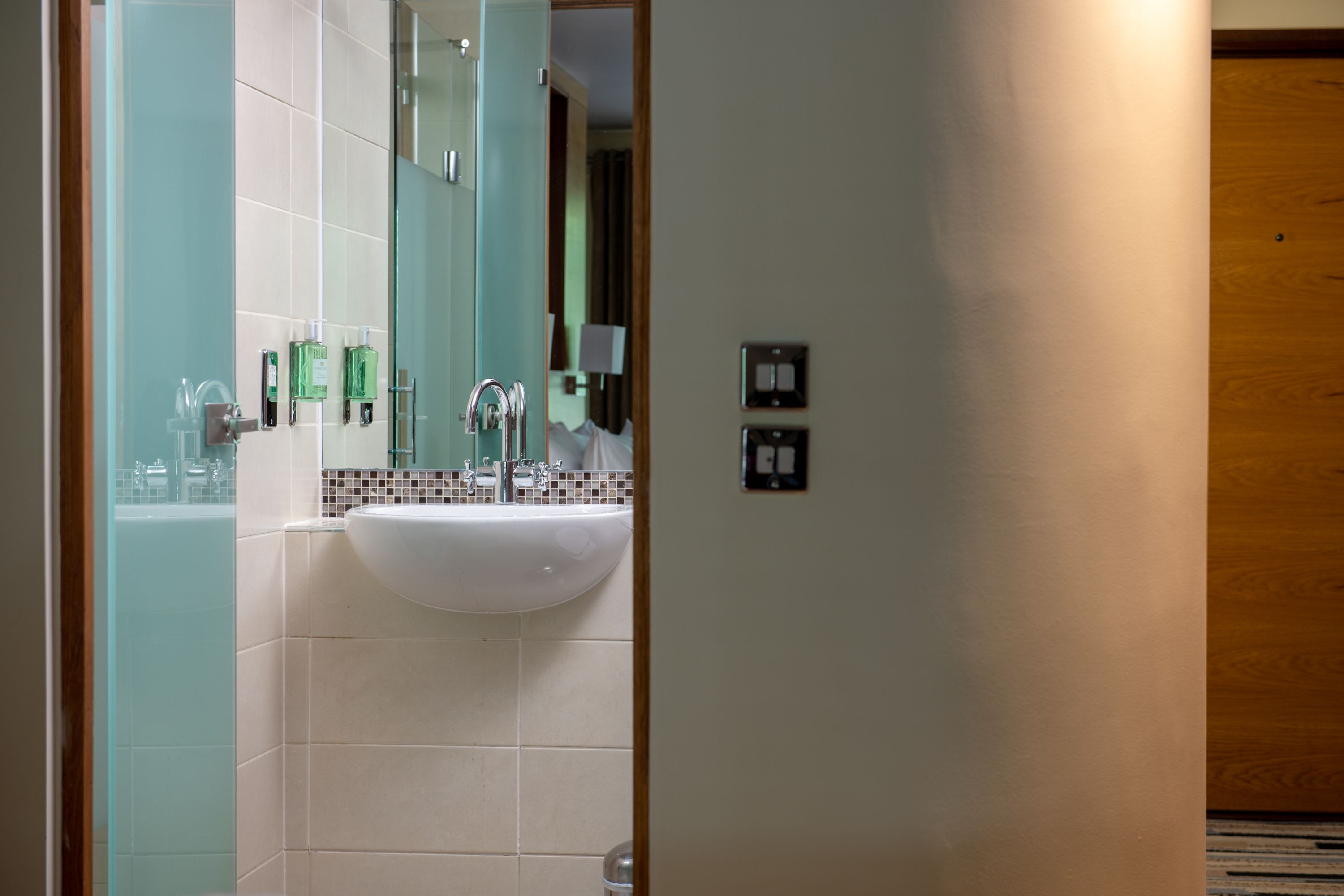 Distant shot of Lodge bathroom sink