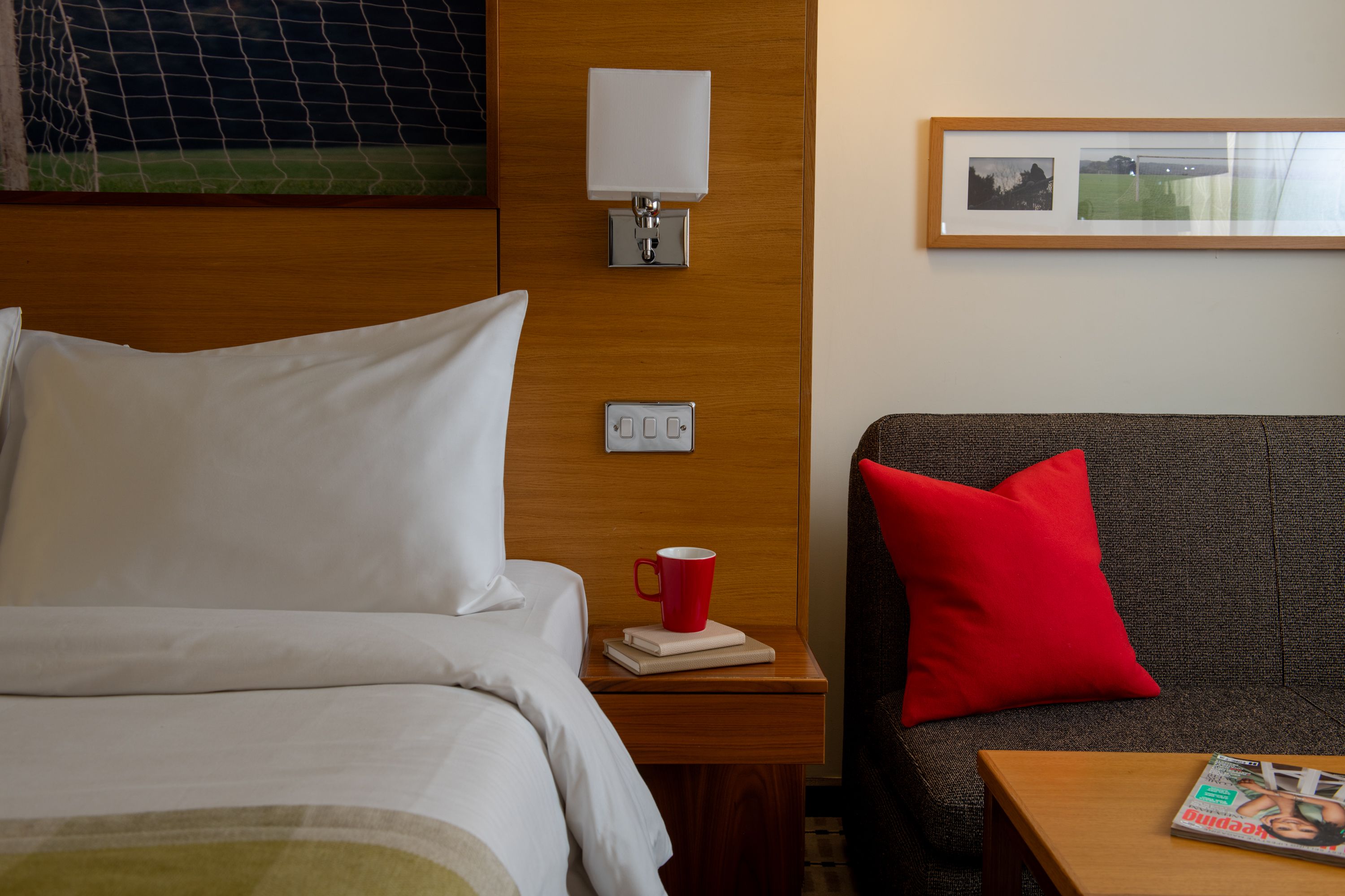 Close up of lodge bed and sofa