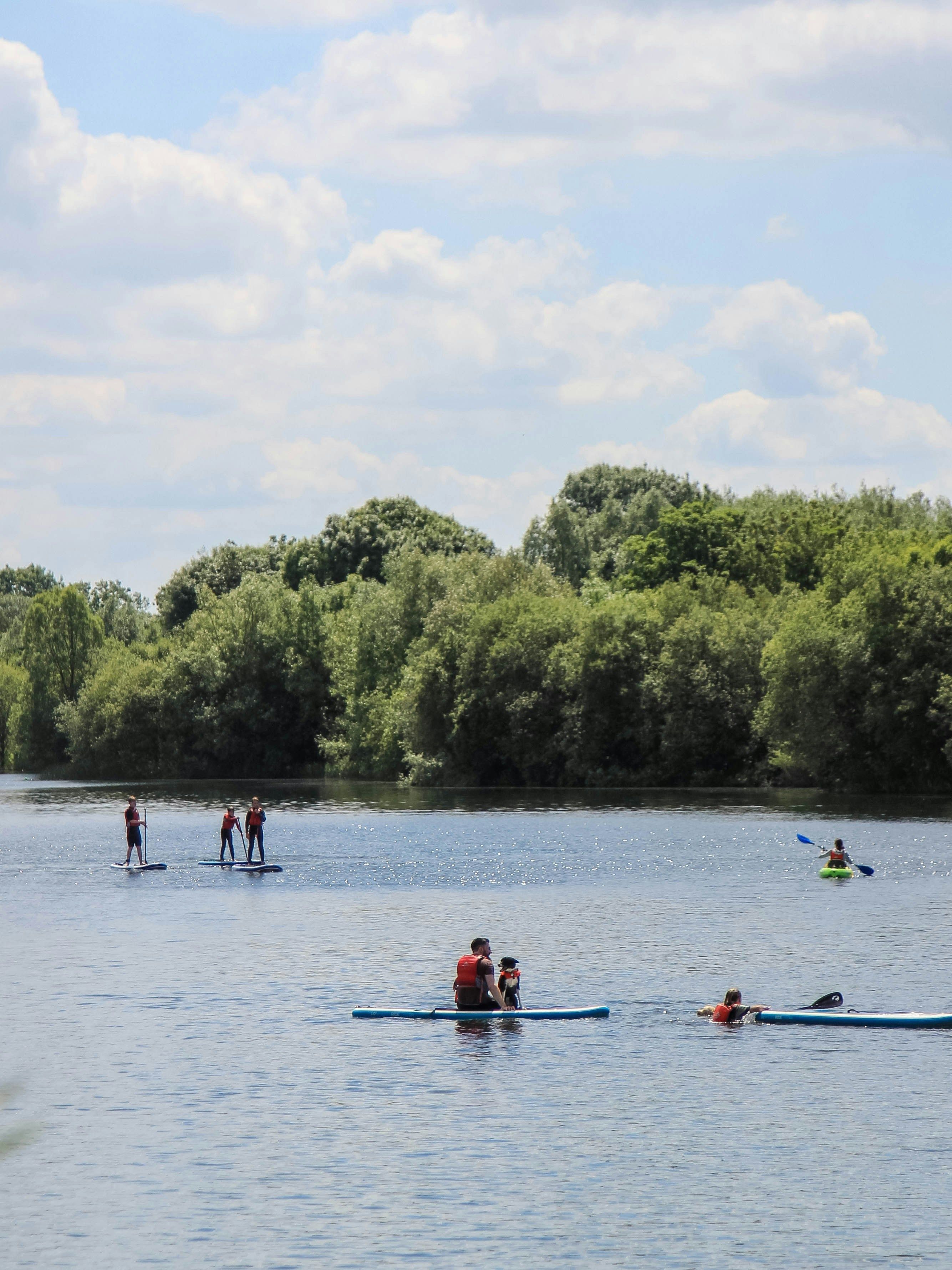 People and families paddle boarding on a lake